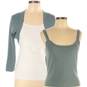 2-PC Carmen Marc Valvo Bamboo Scoop Beaded Embellished Tank & Shrug Blue Gray L